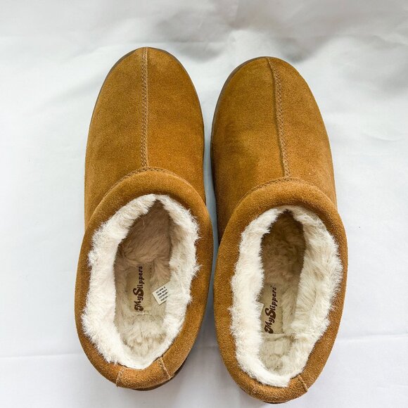 MySlippers Men's Slip-On Slippers, Leather Suede with Faux Fur Lining - Picture 6 of 11